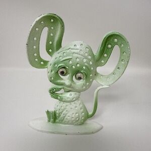 Retro Metal Green MOUSE Shape Earring Holder Google Eyes Revere Mfg USA VTG 70s